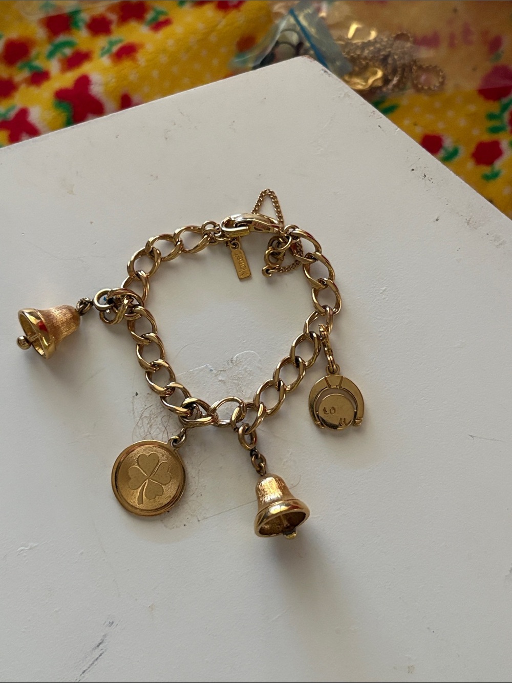 Vintage Monet Gold Tone Charm Bracelet 2 Bells Four Leaf Clover,  love you